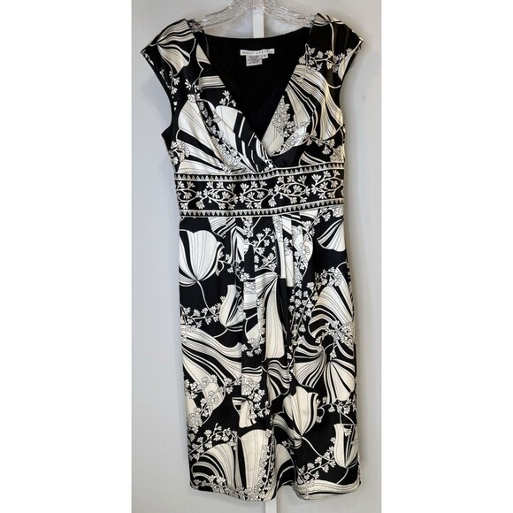 Maggy London Women’s Size 6 Black White Floral Print Sheath Dress Cap - Picture 1 of 8